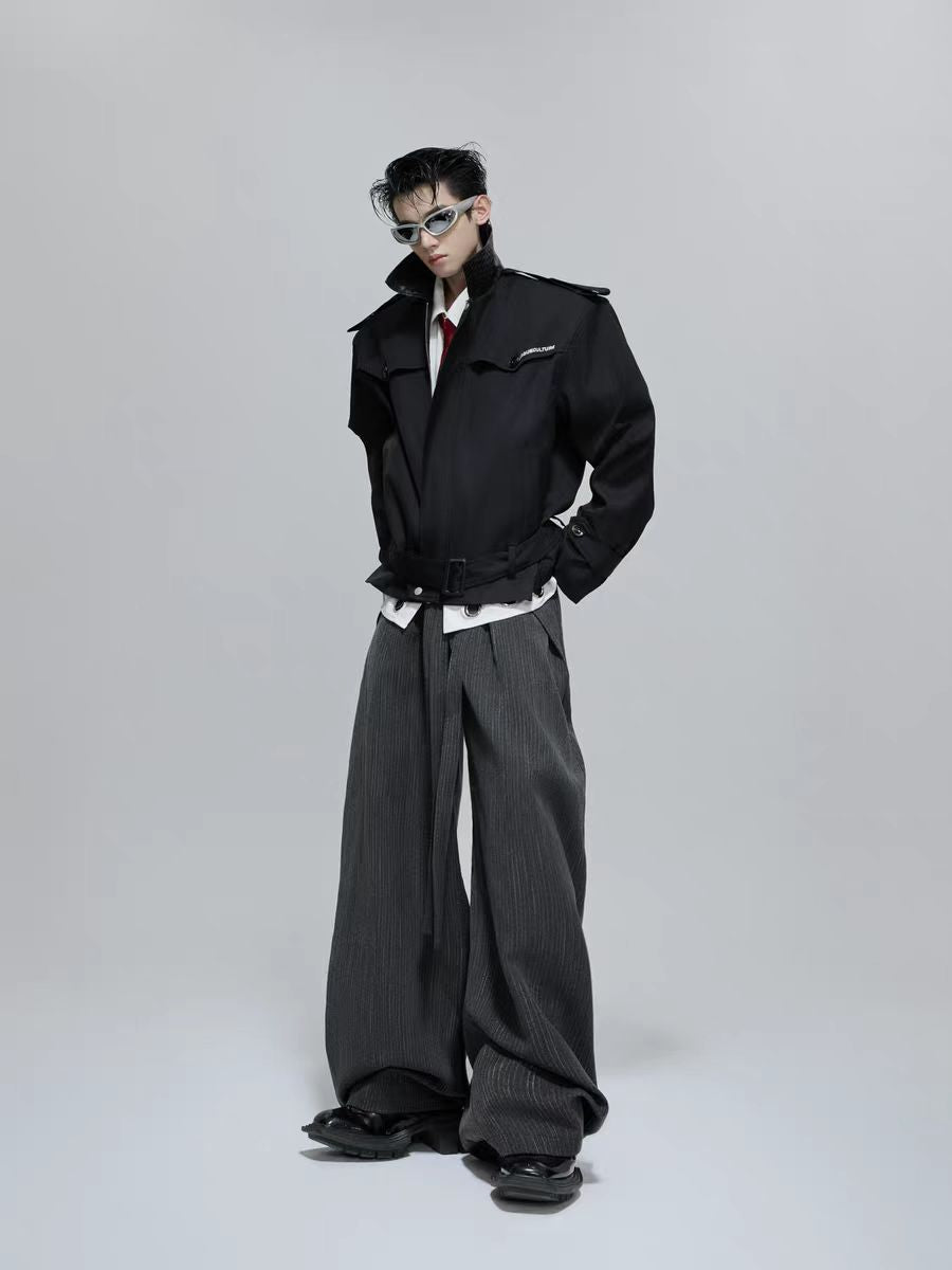 Wide Leg Pinstripe Split Drape Pants