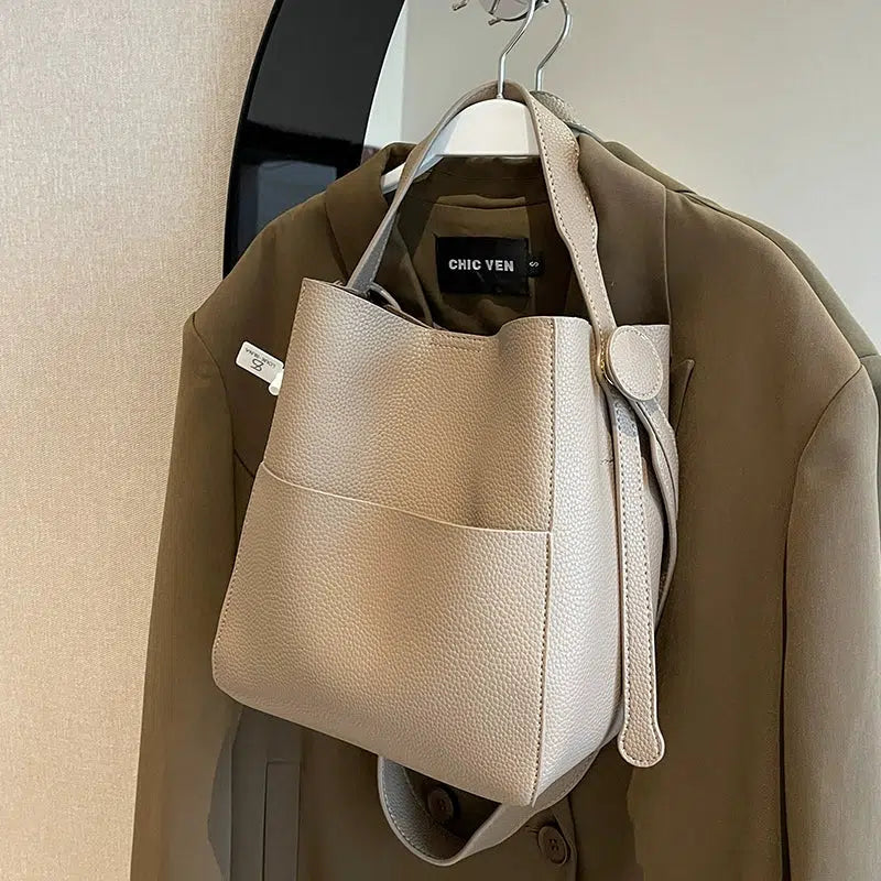 Adjustable Strap Leather Bucket Bag