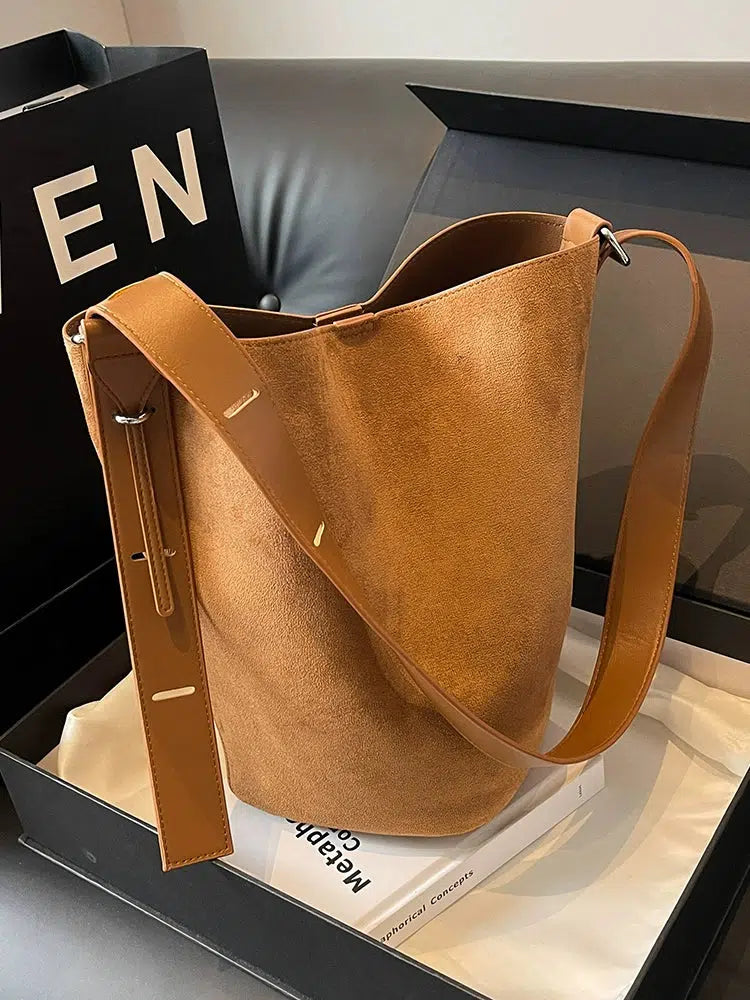 Adjustable Strap Suede Bucket Bag