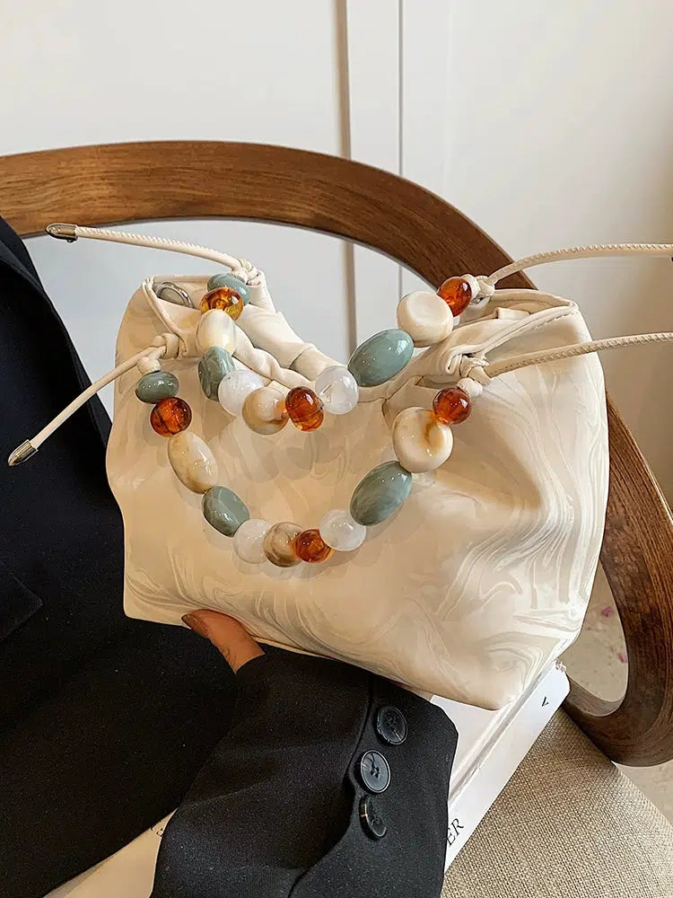 Beaded Handle Marbled Handbag