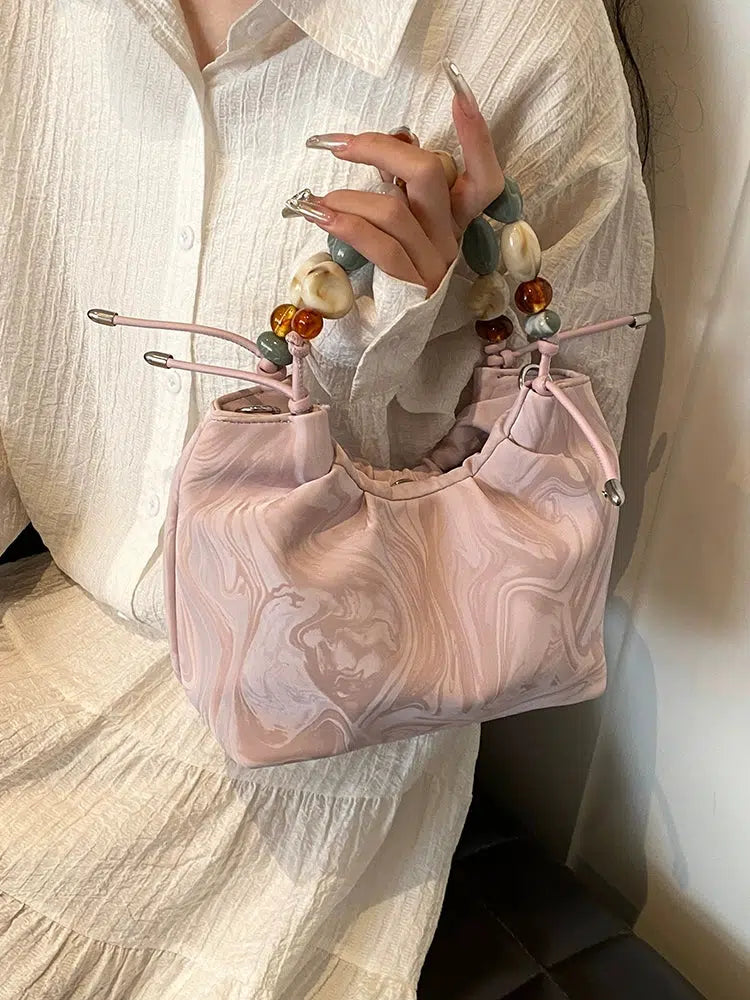 Beaded Handle Marbled Handbag
