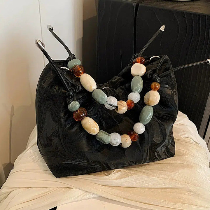 Beaded Handle Marbled Handbag