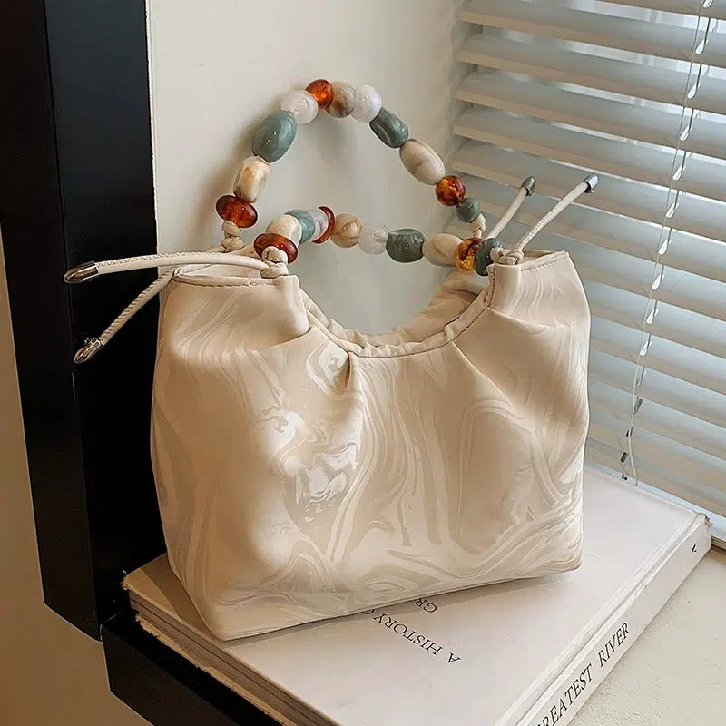 Beaded Handle Marbled Handbag