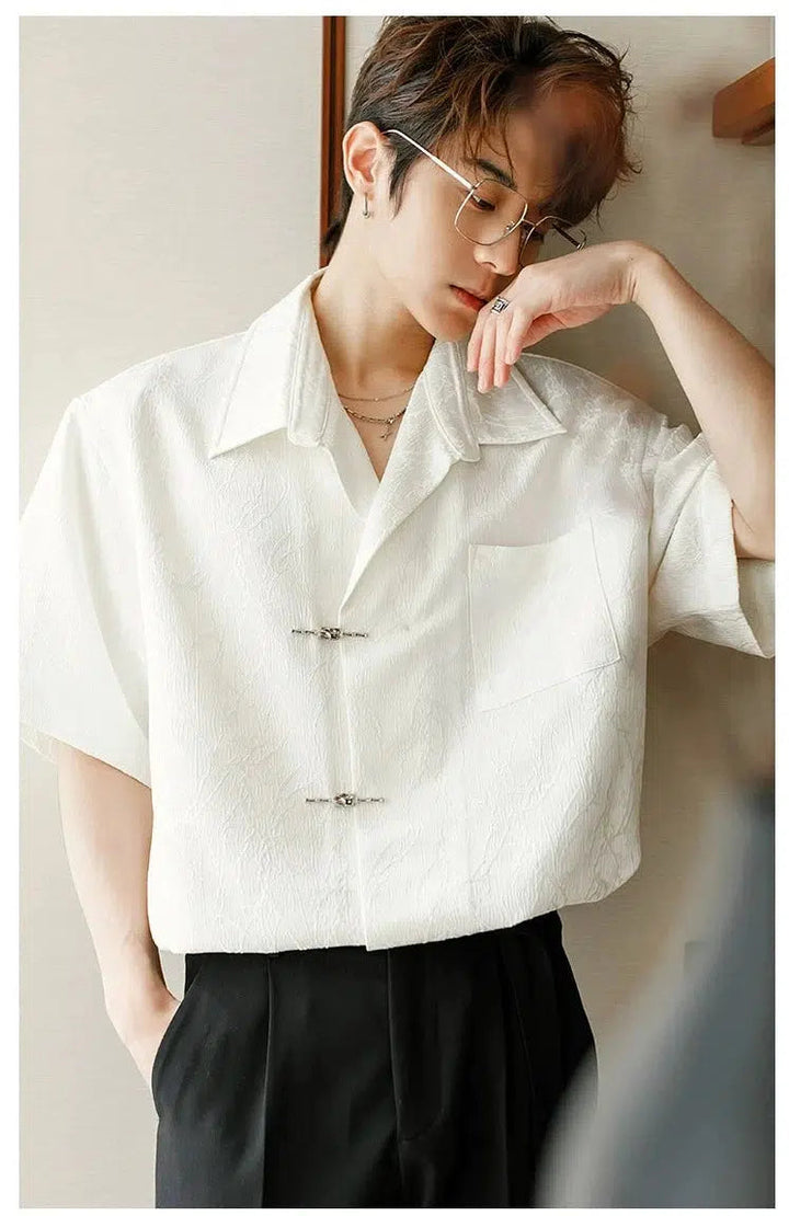 Black Crinkled Short Sleeve Shirt with Silver Buckle Fasteners