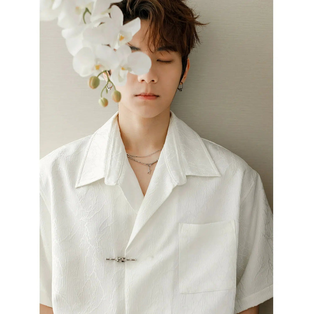 Black Crinkled Short Sleeve Shirt with Silver Buckle Fasteners