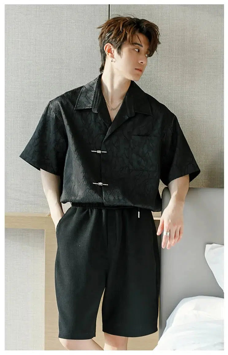 Black Crinkled Short Sleeve Shirt with Silver Buckle Fasteners