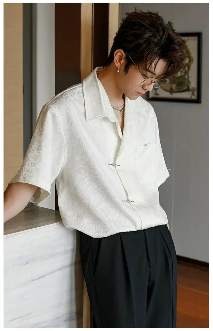 Black Crinkled Short Sleeve Shirt with Silver Buckle Fasteners