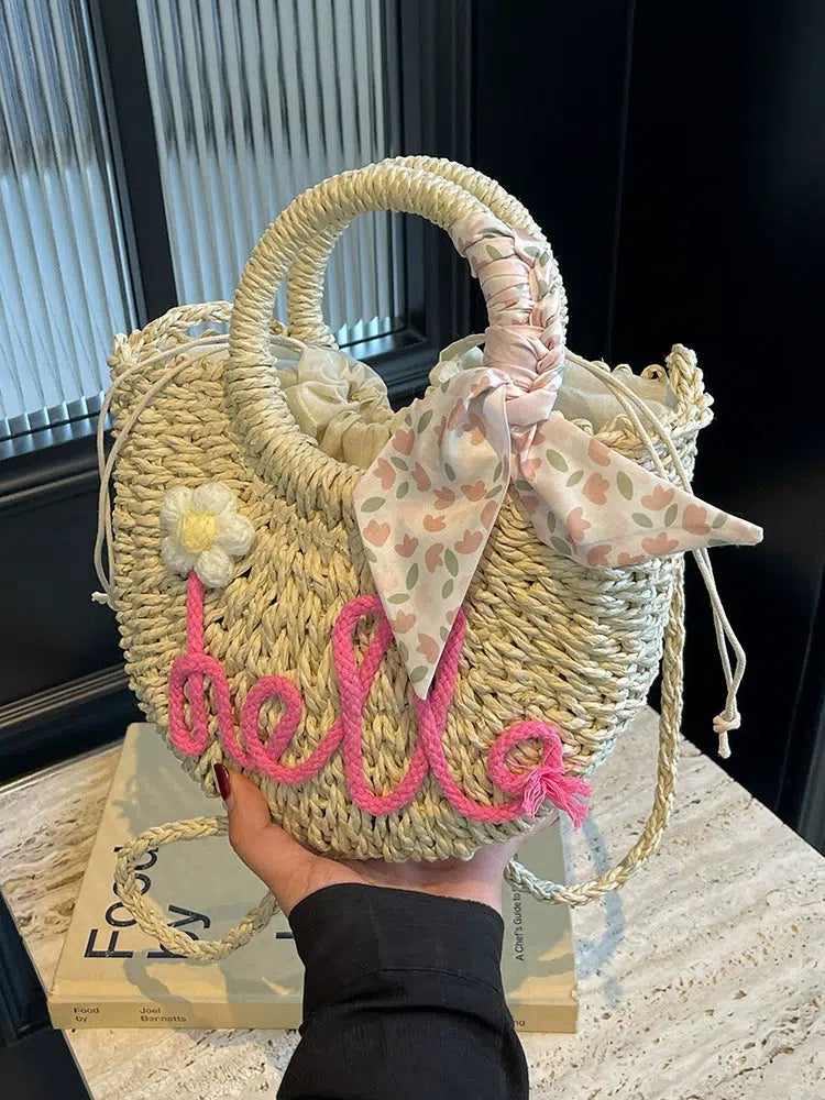 Bow Accent Handwoven Straw Bag