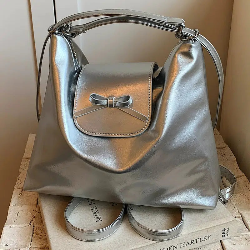 Bow Accent Shiny Leather Handbag