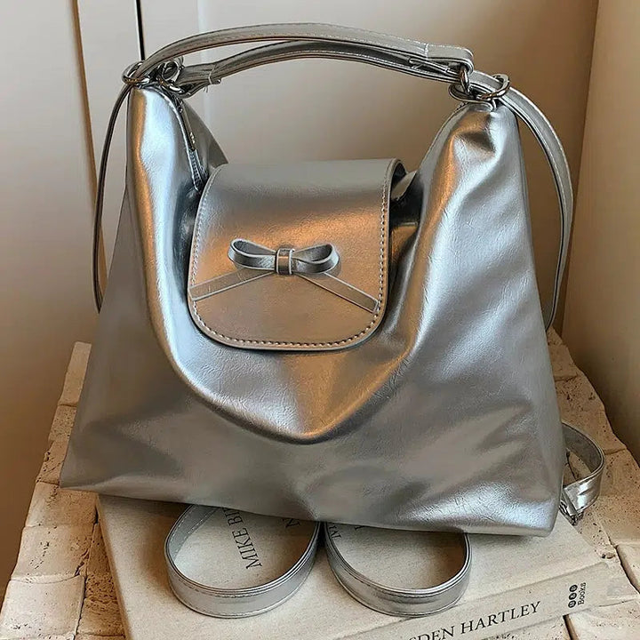 Bow Accent Shiny Leather Handbag