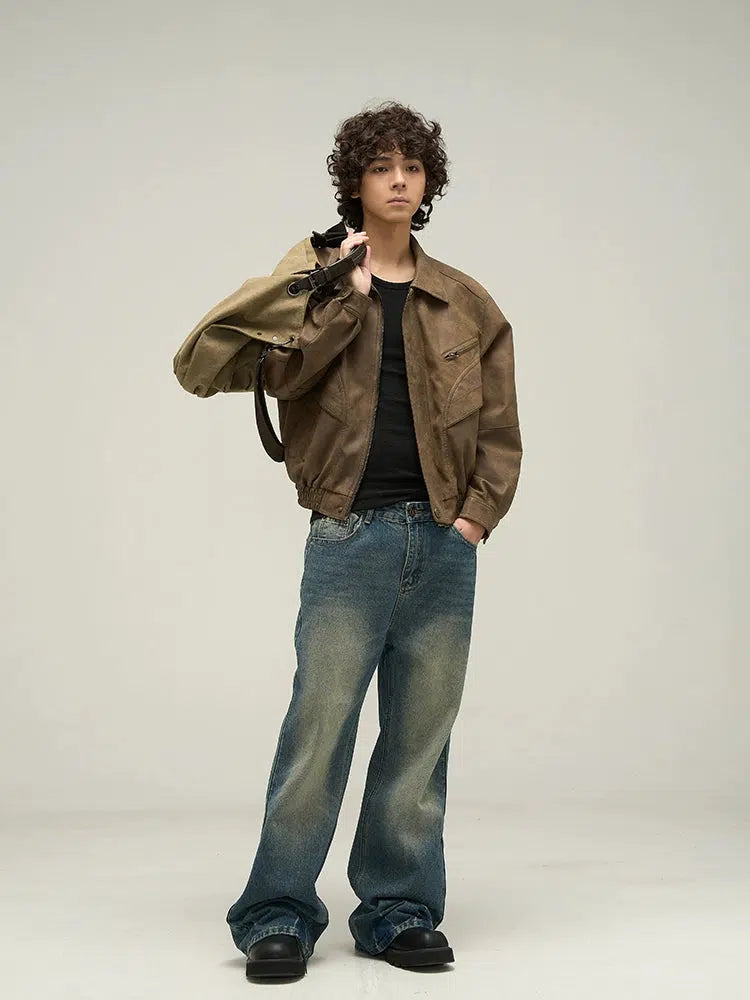 Brown Distressed PU Leather Jacket