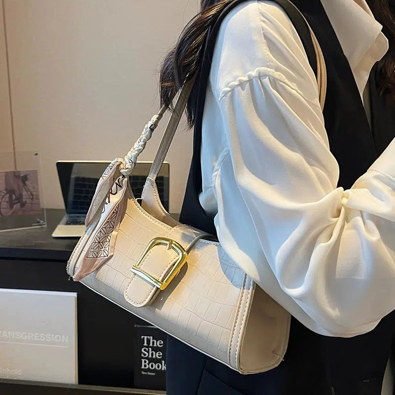 Buckle Crocodile Embossed Shoulder Bag