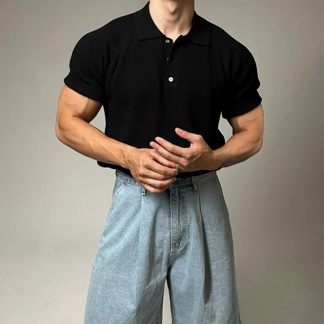 Button Placket Collared Knit T-shirt