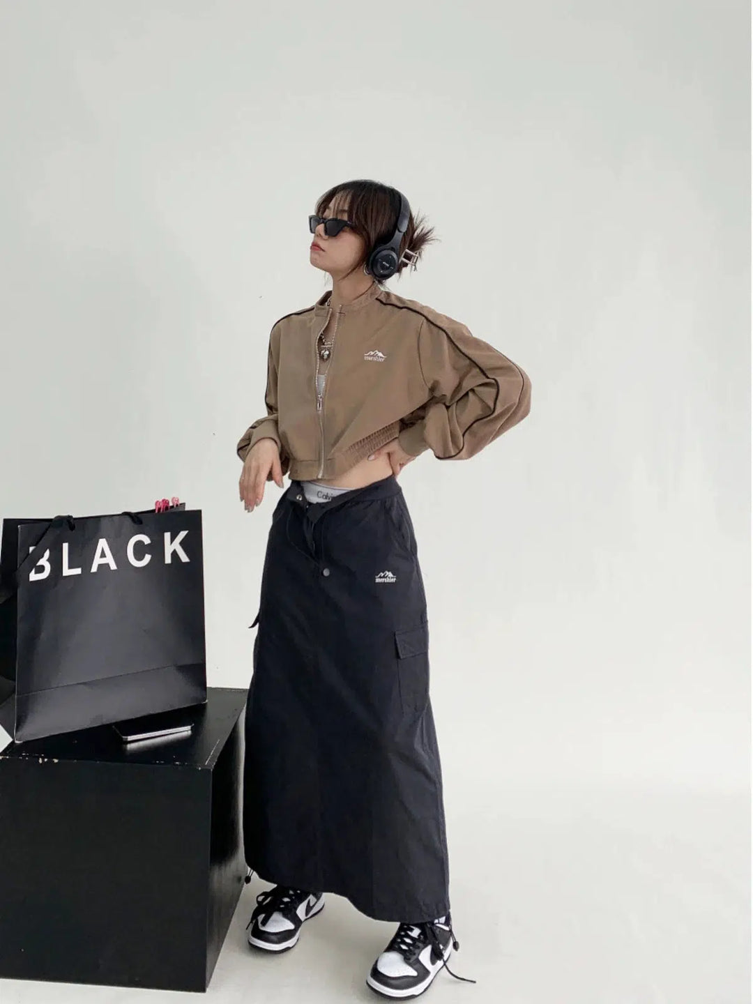 Drawstring Waist Cargo Maxi Skirt