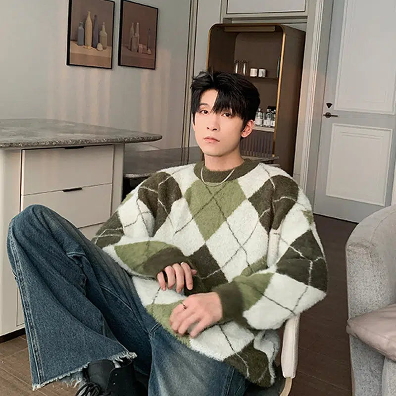 Colorblock Argyle Rhombus Sweater