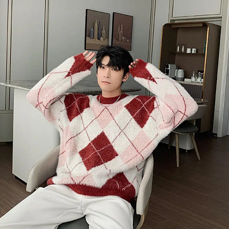 Colorblock Argyle Rhombus Sweater