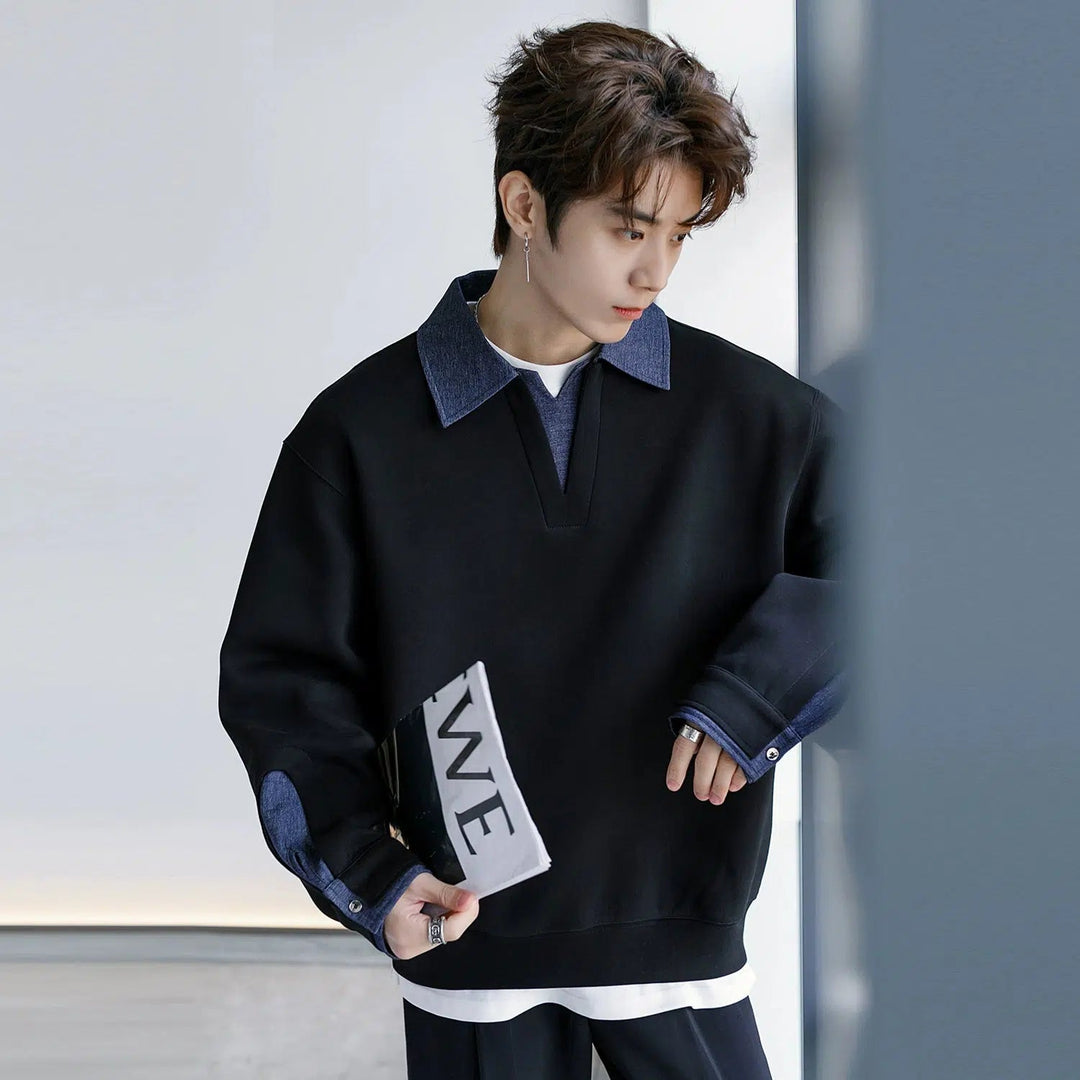 Contrast Color Lapel Sweatshirt