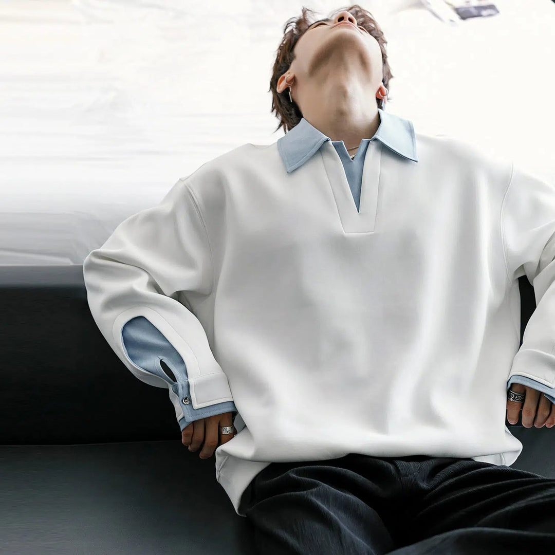 Contrast Color Lapel Sweatshirt