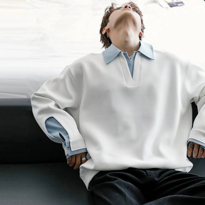 Contrast Color Lapel Sweatshirt