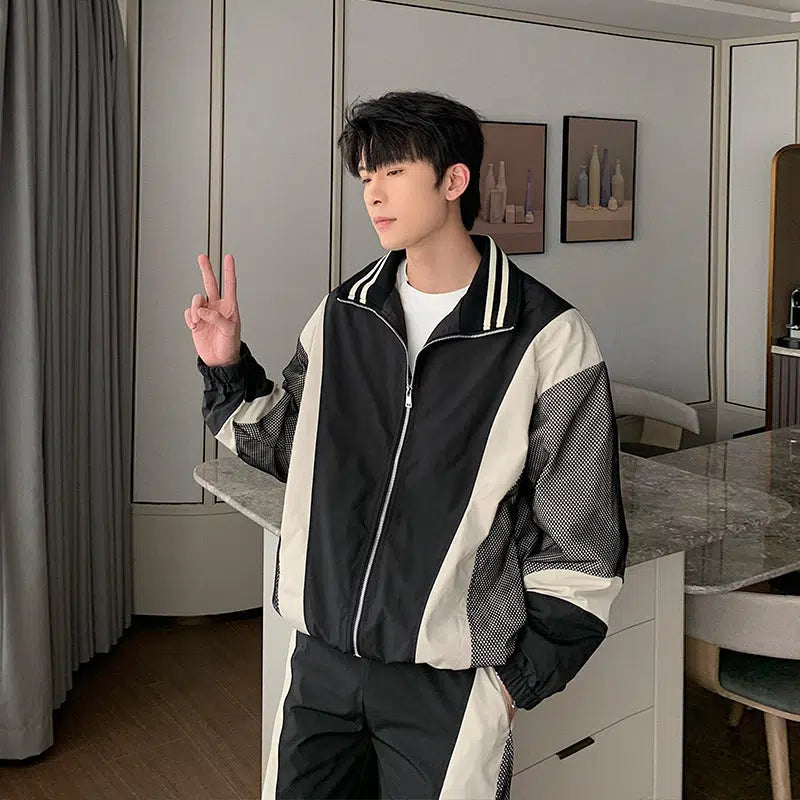 Contrast Color Mesh Two-piece Set