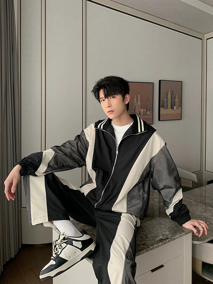 Contrast Color Mesh Two-piece Set