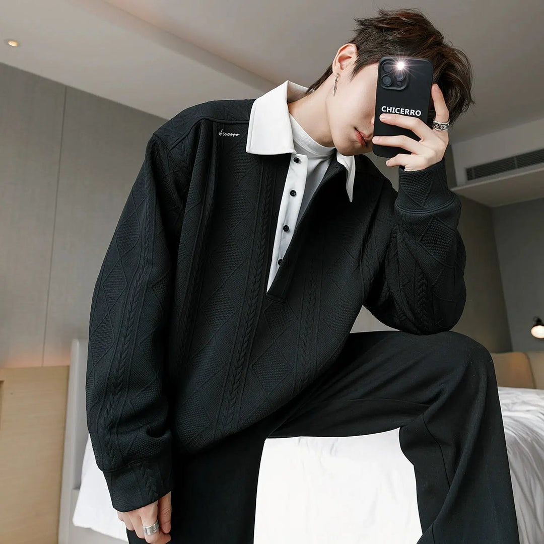 Contrast Color Polo Neck Knit Pullover
