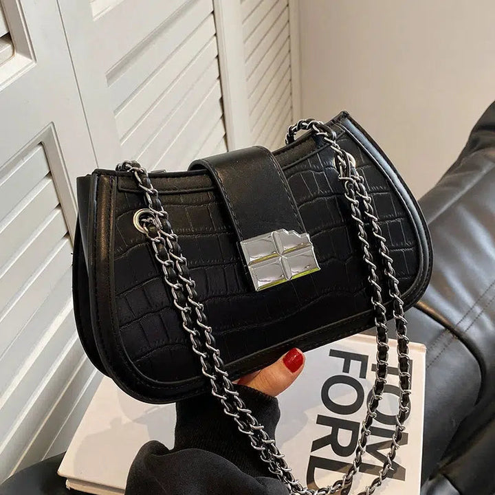 Crocodile-embossed Chain Shoulder Bag