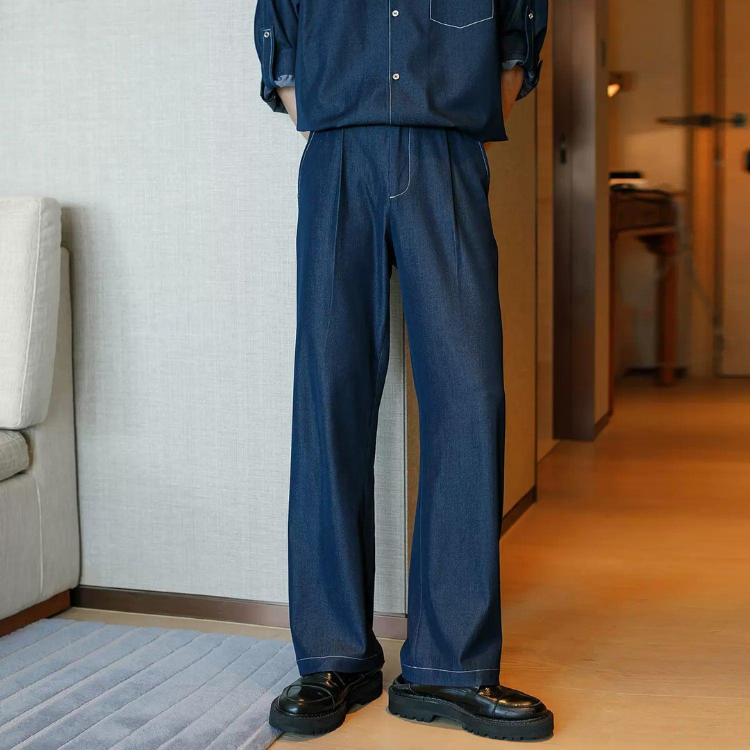 Cuban Collar Denim Shirt & Jeans Two-piece Set