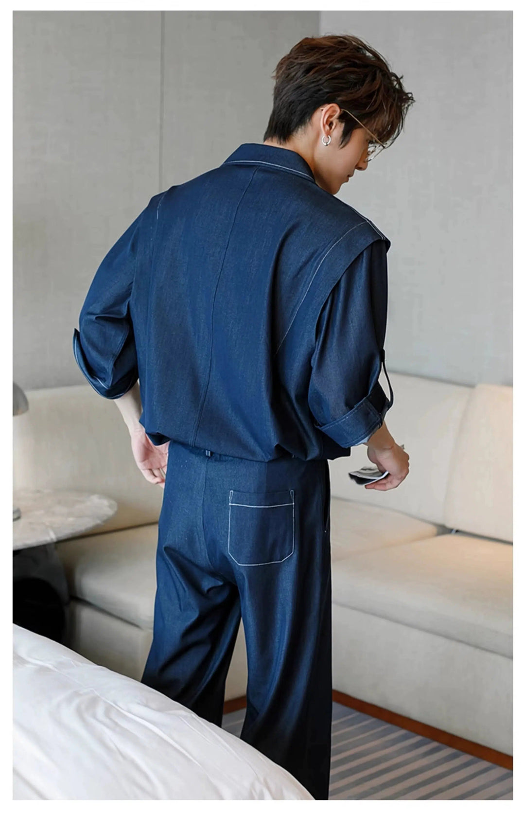 Cuban Collar Denim Shirt & Jeans Two-piece Set