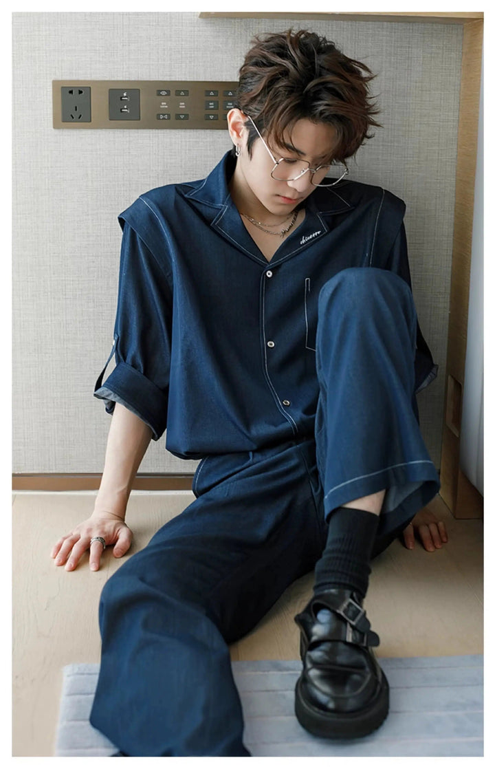 Cuban Collar Denim Shirt & Jeans Two-piece Set