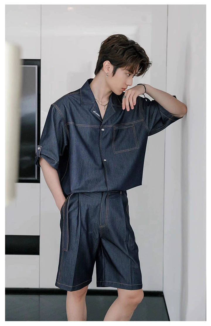 Denim Cuban Collar Chambray Shirt & Shorts