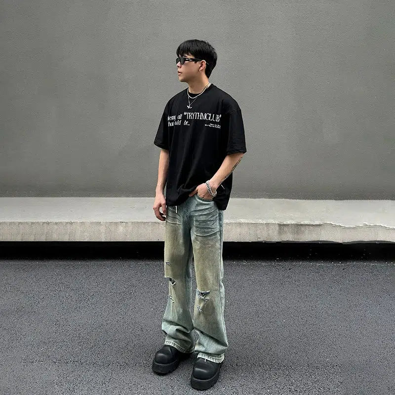 Distressed Wide-Leg Jeans with Pocket Detail