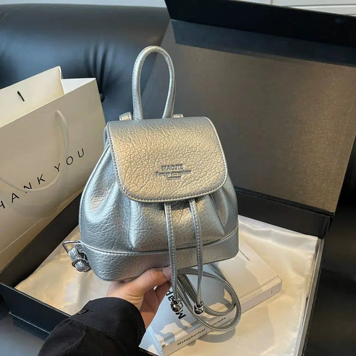 Drawstring Flap Closure Leather Backpack