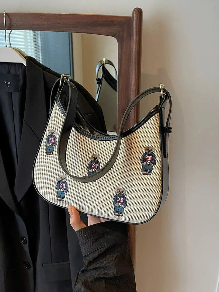 Embroidered Bear Pattern Shoulder Bag