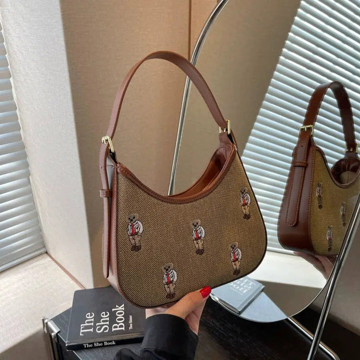 Embroidered Bear Pattern Shoulder Bag
