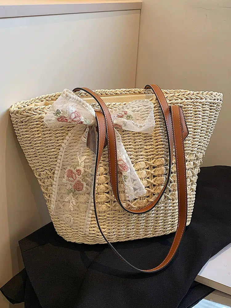 Embroidered Bow Straw Tote Bag