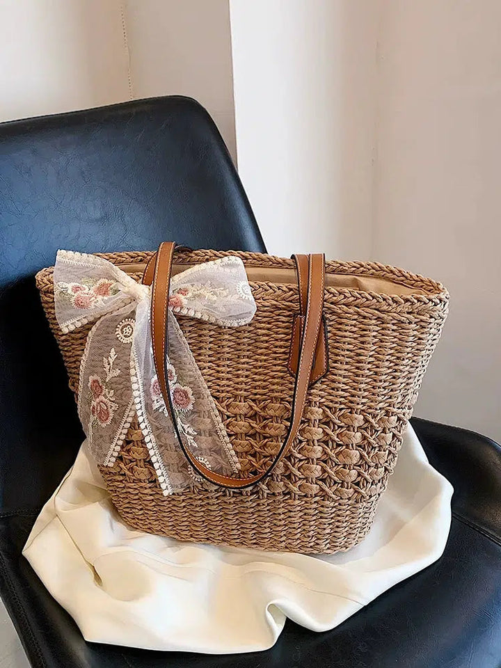 Embroidered Bow Straw Tote Bag