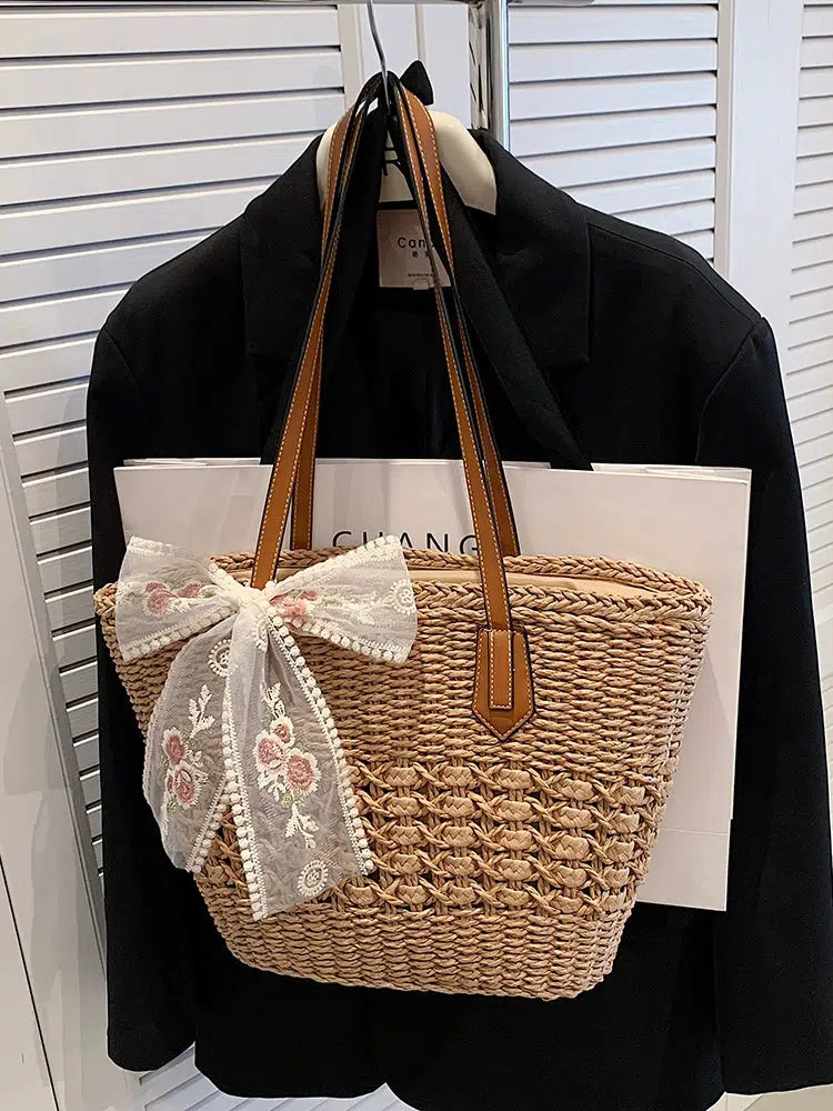 Embroidered Bow Straw Tote Bag