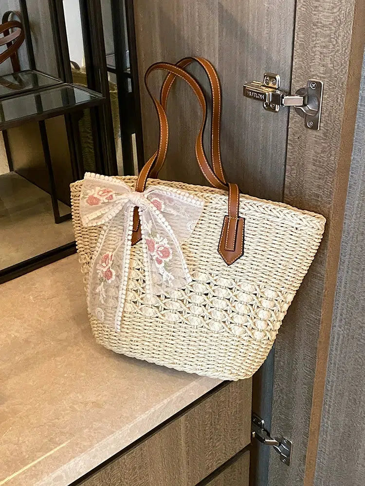 Embroidered Bow Straw Tote Bag