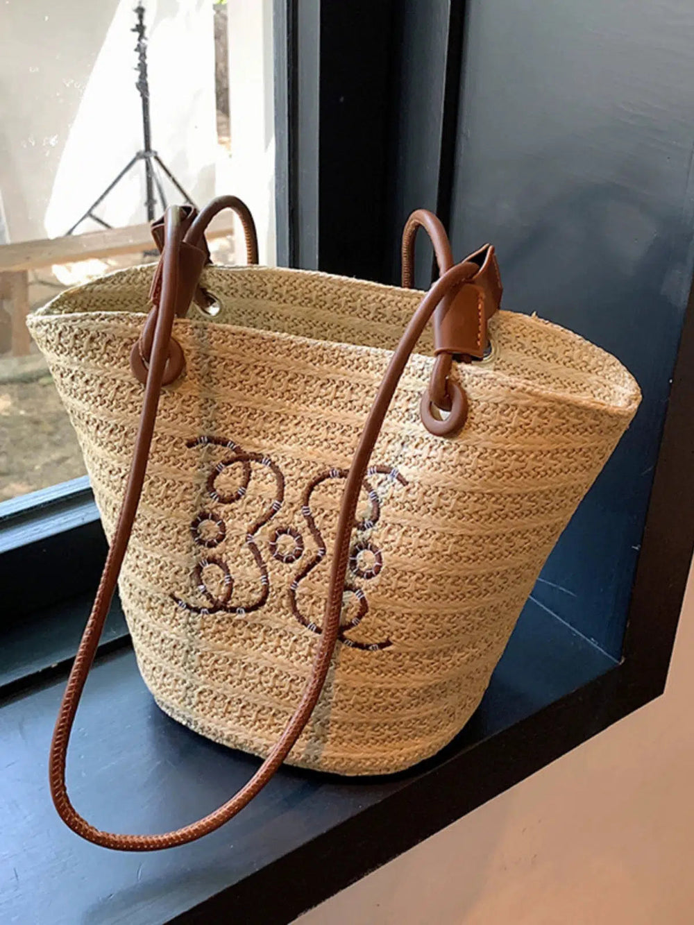Embroidered Straw Shoulder Bag