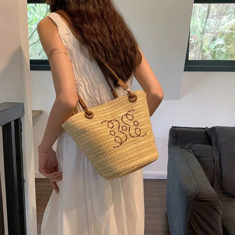 Embroidered Straw Shoulder Bag