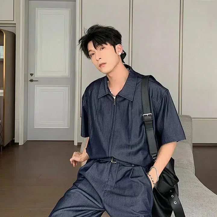 Full Zip Short Sleeve Shirt & Wide Leg Pants