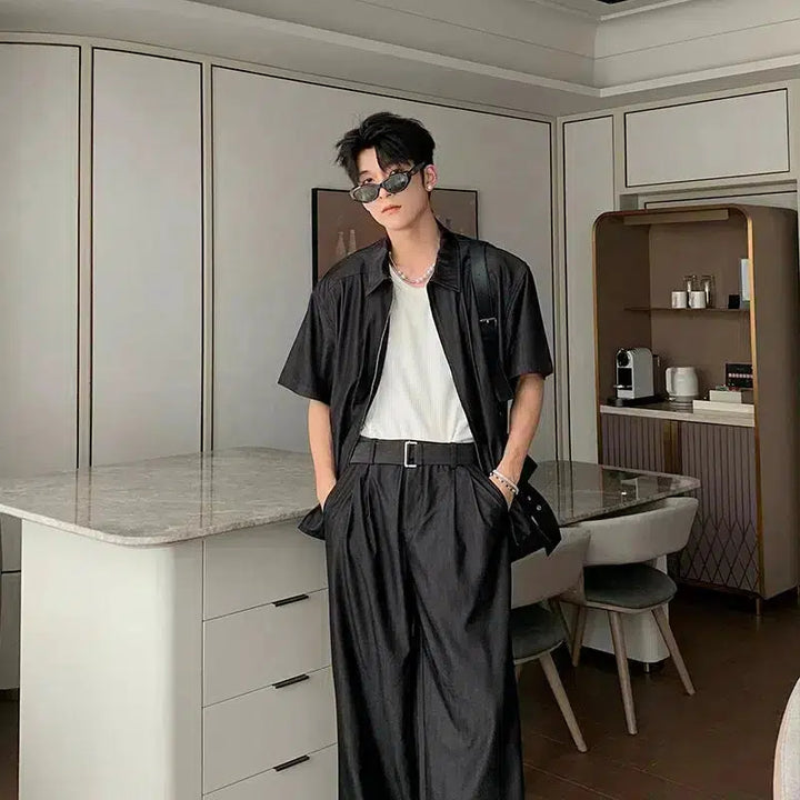 Full Zip Short Sleeve Shirt & Wide Leg Pants