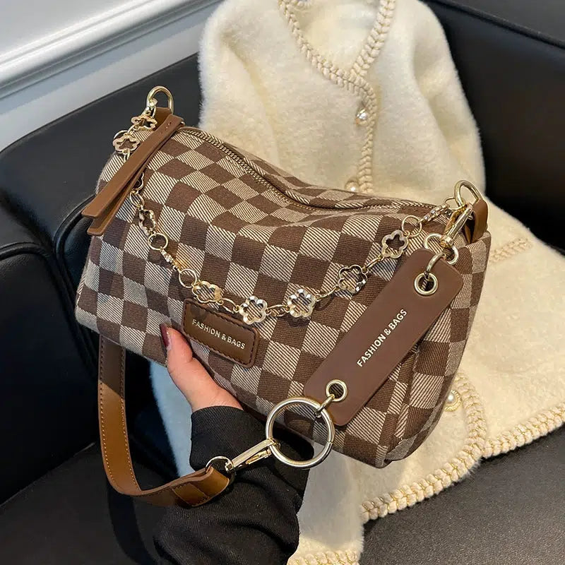 Gold Accents Checkered Shoulder Bag