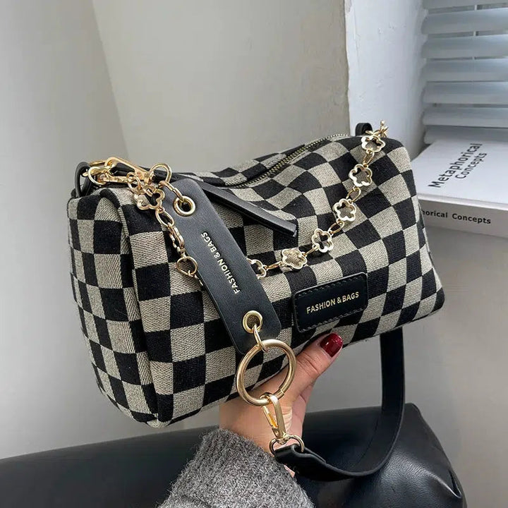 Gold Accents Checkered Shoulder Bag