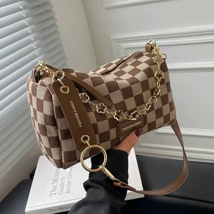 Gold Accents Checkered Shoulder Bag