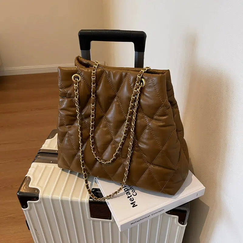 Gold Chain Strap Quilted Bucket Bag