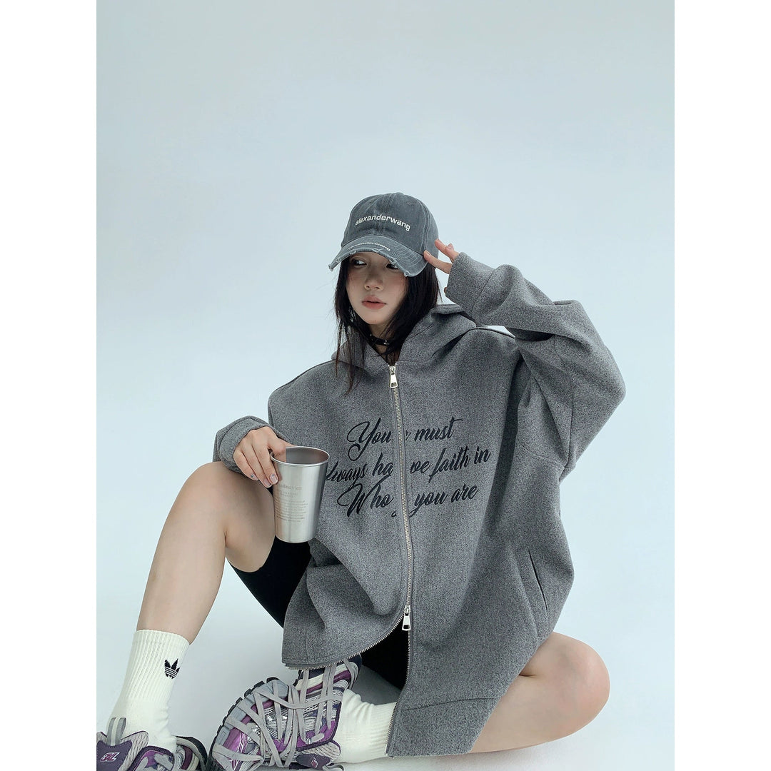 Graphic Print Hooded Zip-Up Coat