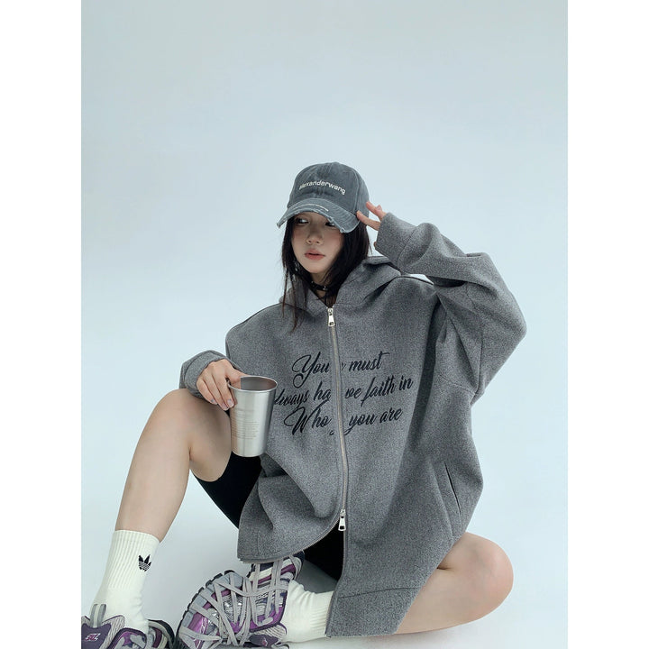 Graphic Print Hooded Zip-Up Coat