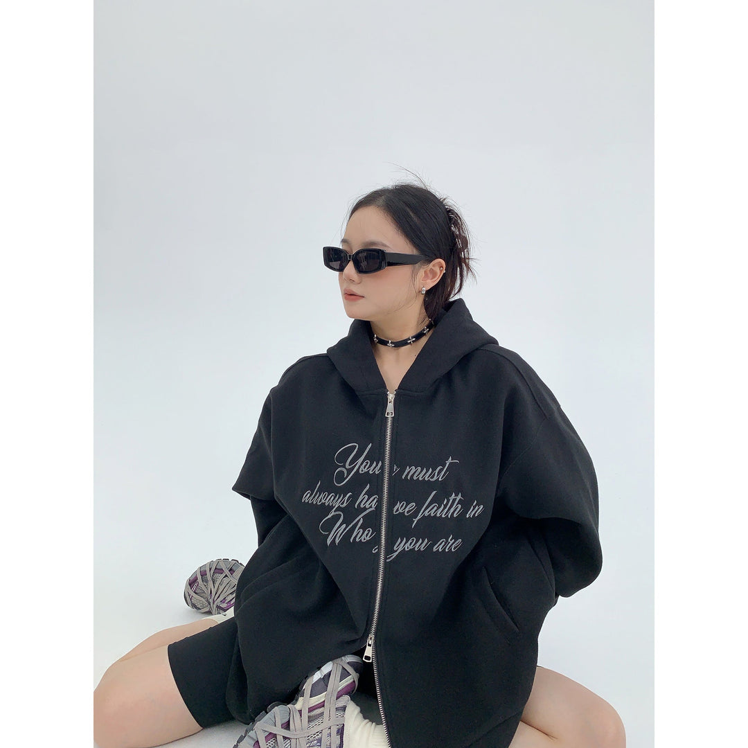 Graphic Print Hooded Zip-Up Coat